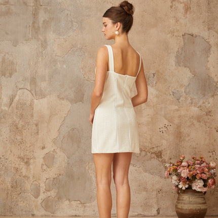 Guendalina White Mini Dress Sweetheart Neckline Wide Straps Cinched Waist Faux Pearl Embellishments