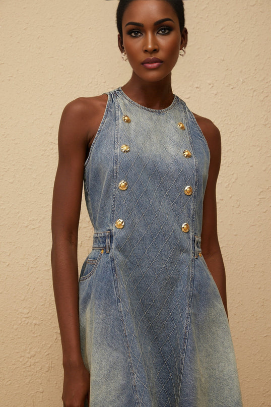 Gunnel Blue Faded Effect Denim Mini Dress