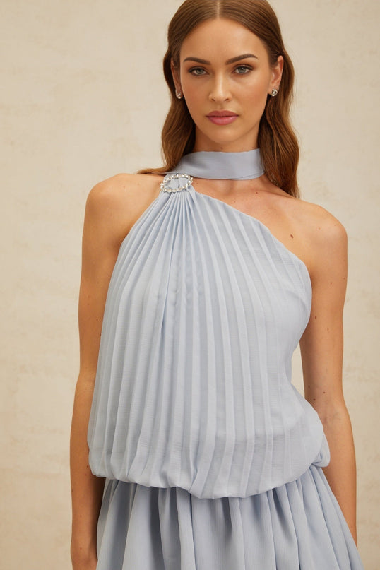 Gwendolyn Blue Halterneck Mini Dress with Crystal Embellished Buckle and Pleated Ribbon Design