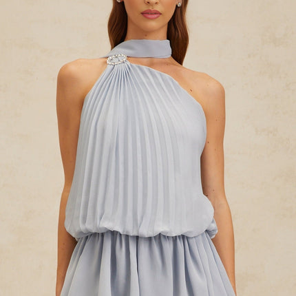 Gwendolyn Blue Halterneck Mini Dress with Pleated Ribbon Design and Crystal-Embellished Buckle