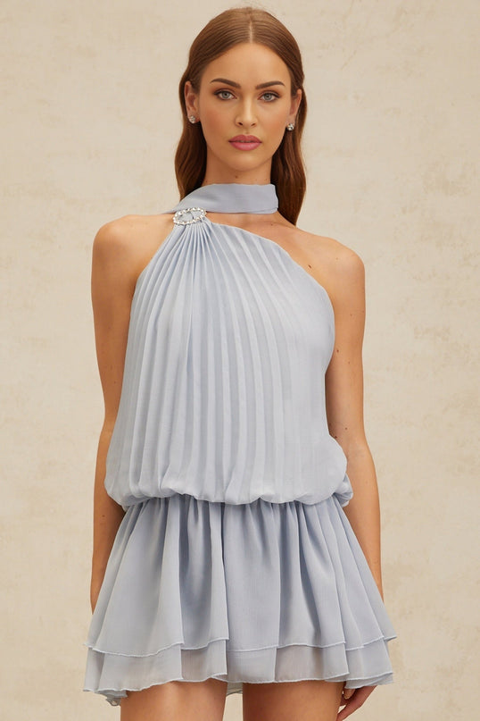 Gwendolyn Blue Halterneck Mini Dress with Pleated Ribbon Design and Crystal-Embellished Buckle