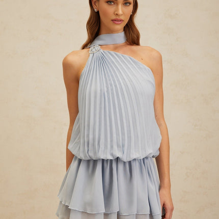 Gwendolyn Blue Halterneck Mini Dress with Pleated Ribbon Design and Crystal Buckle