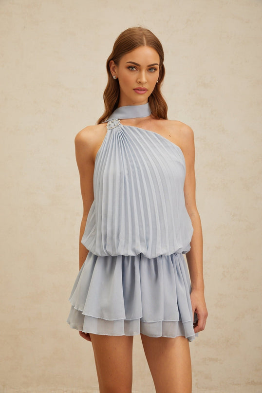 Gwendolyn Blue Halterneck Mini Dress with Pleated Ribbon Design and Crystal Buckle