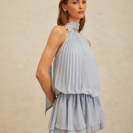 Gwendolyn Blue Pleated Ribbon Halterneck Mini Dress with Crystal Buckle