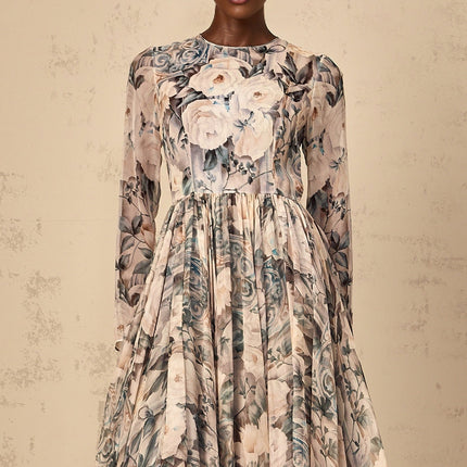Gwendolyn Floral Print Pleated Ruffled Hem Neutrals Midi Dress