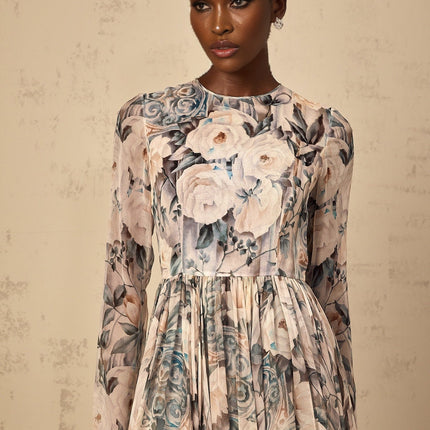 Gwendolyn Floral Print Pleated Ruffled Hem Neutrals Midi Dress
