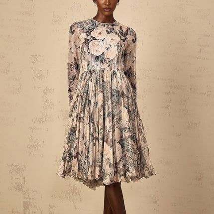 Gwendolyn Floral Print Pleated Ruffled Hem Neutrals Midi Dress