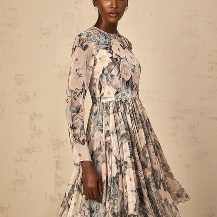Gwendolyn Floral Print Pleated Ruffled Hem Neutrals Midi Dress