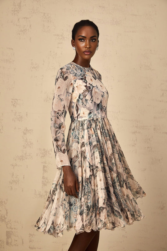 Gwendolyn Floral Print Pleated Ruffled Hem Neutrals Midi Dress