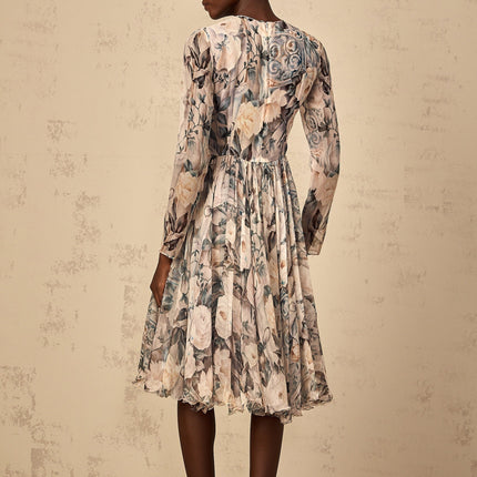 Gwendolyn Neutrals Floral Print Pleated Ruffled Hem Midi Dress