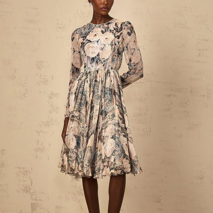 Gwendolyn Neutrals Floral Print Pleated Ruffled Hem Midi Dress