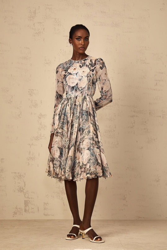 Gwendolyn Neutrals Floral Print Pleated Ruffled Hem Midi Dress