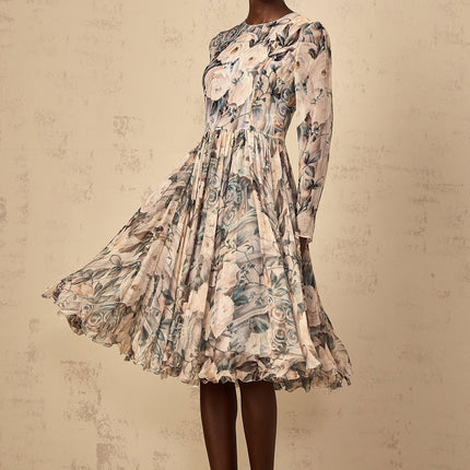 Gwendolyn Neutrals Floral Print Pleated Ruffled Hem Midi Dress