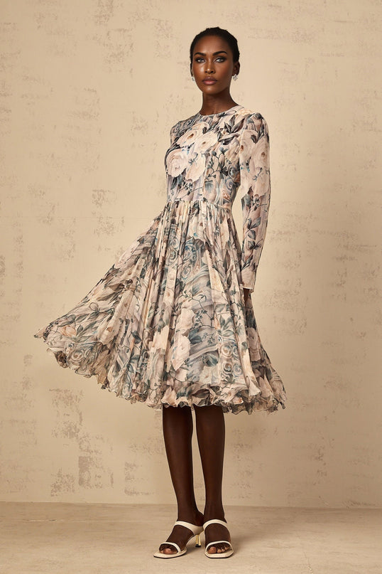 Gwendolyn Neutrals Floral Print Pleated Ruffled Hem Midi Dress