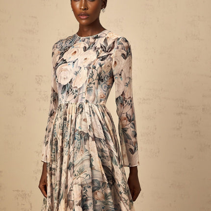 Gwendolyn Neutrals Floral Print Pleated Ruffled Hem Midi Dress