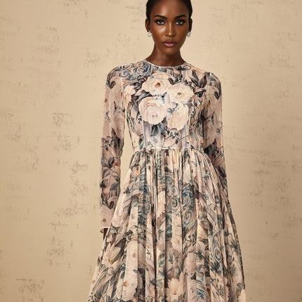 Gwendolyn Neutrals Floral Print Pleated Ruffled Hem Midi Dress