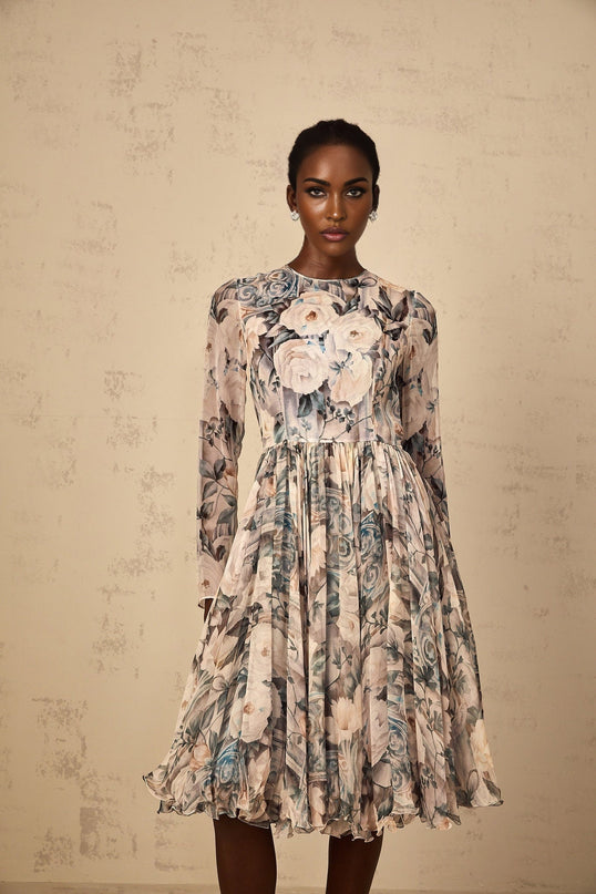 Gwendolyn Neutrals Floral Print Pleated Ruffled Hem Midi Dress