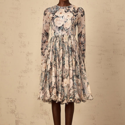 Gwendolyn Neutrals Floral Print Pleated Ruffled Hem Midi Dress
