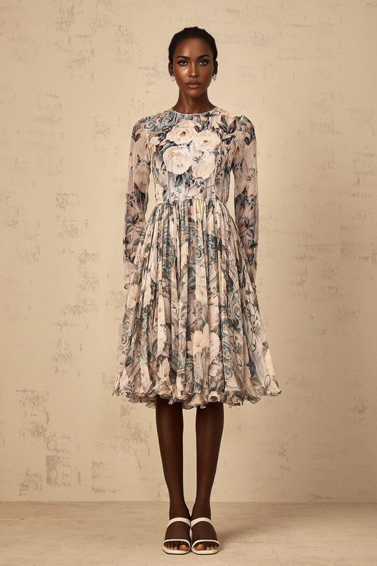 Gwendolyn Neutrals Floral Print Pleated Ruffled Hem Midi Dress