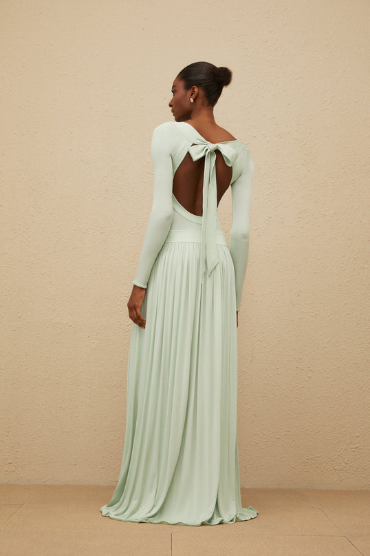 Hailey Maxi Dress in Mint Green with Self-Tie Open Back and Fitted Waistline