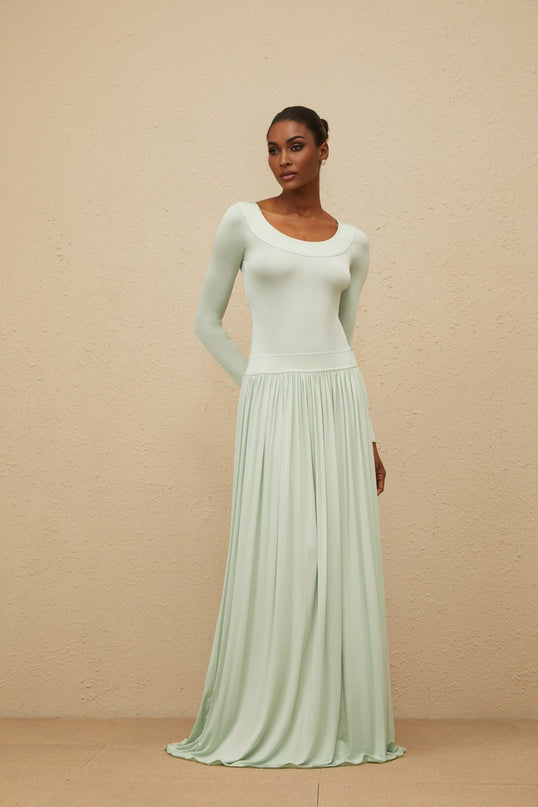 Hailey Maxi Dress in Mint Green with Self-Tie Open Back and Fitted Waistline