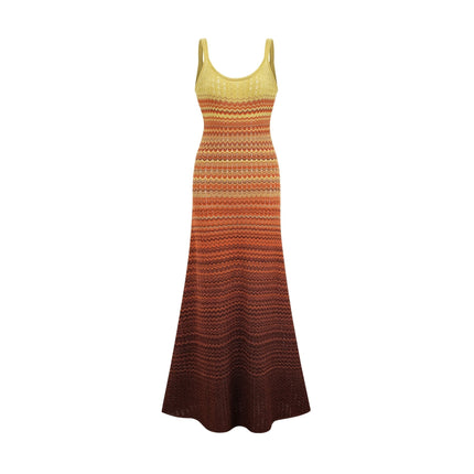 Haley Maxi Dress Brown Gradient Knit Hem Sleeveless Scoop Neck Spaghetti Straps Luxurious Stretch Jersey Fabric Elegant Maxi Length Garden Party Evening Soirée 69% Terylene 31% Polyamide Composition