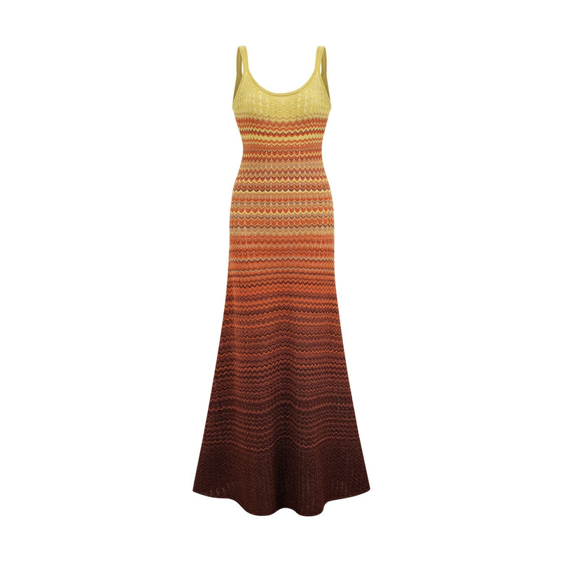 Haley Maxi Dress Brown Gradient Knit Hem Sleeveless Scoop Neck Spaghetti Straps Luxurious Stretch Jersey Fabric Elegant Maxi Length Garden Party Evening Soirée 69% Terylene 31% Polyamide Composition