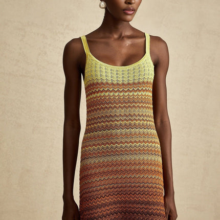 Haley Maxi Dress Brown Gradient Knit Hem Sleeveless Scoop Neck Spaghetti Straps Elegant Knitted Construction