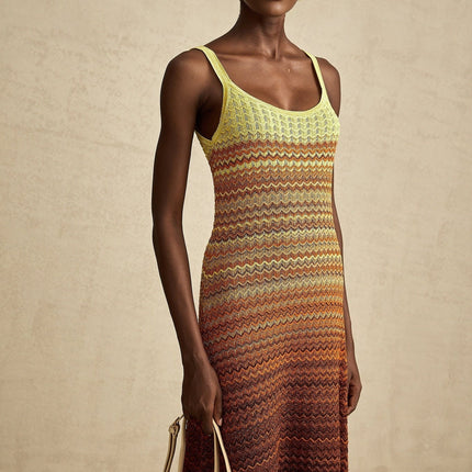 Haley Maxi Dress Brown Gradient Knit Hem Sleeveless Scoop Neck Spaghetti Straps Luxurious Stretch Jersey Fabric Elegant Knitted Construction Maxi Length 69% Terylene 31% Polyamide