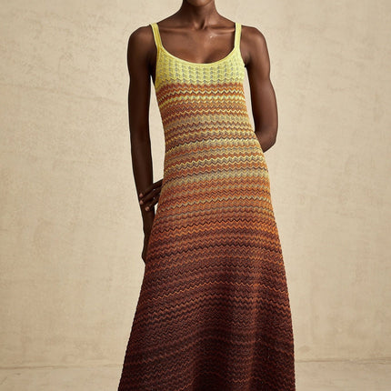 Haley Maxi Dress Brown Gradient Knit Hem Sleeveless Scoop Neck Spaghetti Straps Luxurious Stretch Jersey Fabric Elegant Chic Stunning Gradient Effect Intricate Knitted Construction Maxi Length Refined Charm 69% Terylene 31% Polyamide Composition