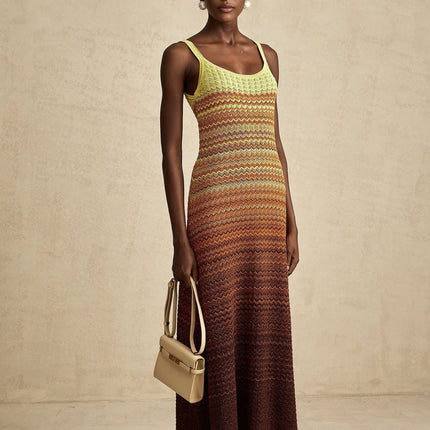 Haley Maxi Dress Brown Gradient Knit Hem Sleeveless Scoop Neck Spaghetti Straps Luxurious Stretch Jersey Fabric Elegant Intricate Knitted Construction Maxi Length 69% Terylene 31% Polyamide