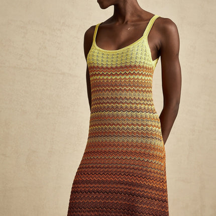 Haley Maxi Dress Brown Gradient Knit Hem Sleeveless Scoop Neck Spaghetti Straps Luxurious Stretch Jersey Fabric Elegant Gradient Effect Intricate Knitted Construction Maxi Length Garden Party Evening Soirée 69 Terylene 31 Polyamide Composition