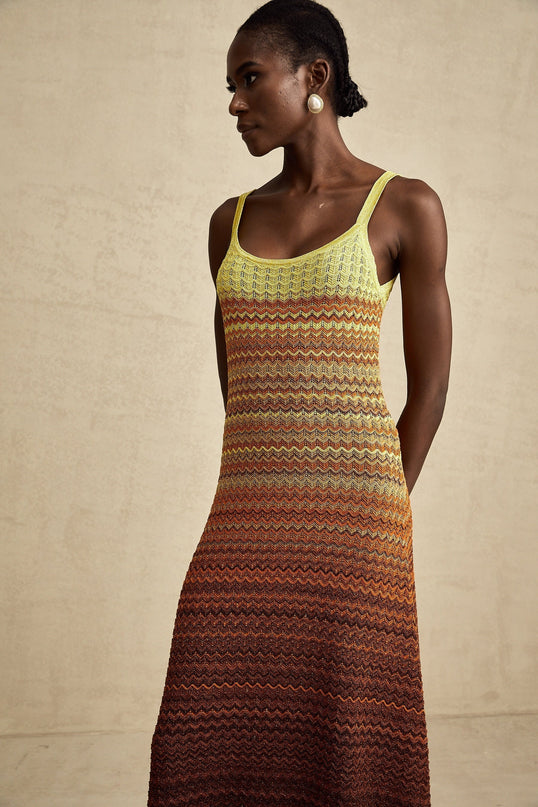 Haley Maxi Dress Brown Gradient Knit Hem Sleeveless Scoop Neck Spaghetti Straps Luxurious Stretch Jersey Fabric Elegant Gradient Effect Intricate Knitted Construction Maxi Length Garden Party Evening Soirée 69 Terylene 31 Polyamide Composition