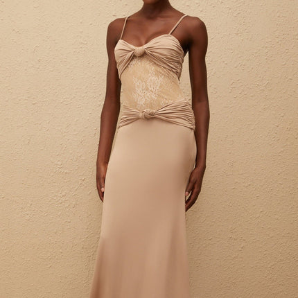 Haley Maxi Dress Brown Silhouette U-neck Spaghetti Straps Twist Ruched Detailing Floral Lace Terylene Fiber Special Occasions Maxi Length Rear Zip Fastening