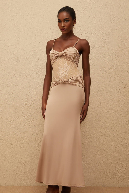 Haley Maxi Dress Brown Silhouette U-neck Spaghetti Straps Twist Ruched Detailing Floral Lace Terylene Fiber Special Occasions Maxi Length Rear Zip Fastening
