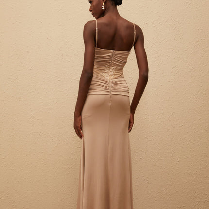 Haley Maxi Dress Brown U-neck Spaghetti Straps Twist Ruched Floral Lace Terylene Fiber Special Occasions Rear Zip Fastening