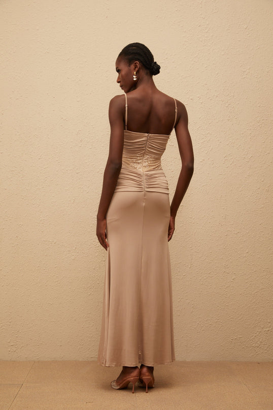 Haley Maxi Dress Brown U-neck Spaghetti Straps Twist Ruched Floral Lace Terylene Fiber Special Occasions Rear Zip Fastening