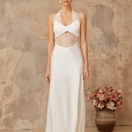 Haley White Satin Lace Maxi Dress with Cut-Out Detailing and Halterneck