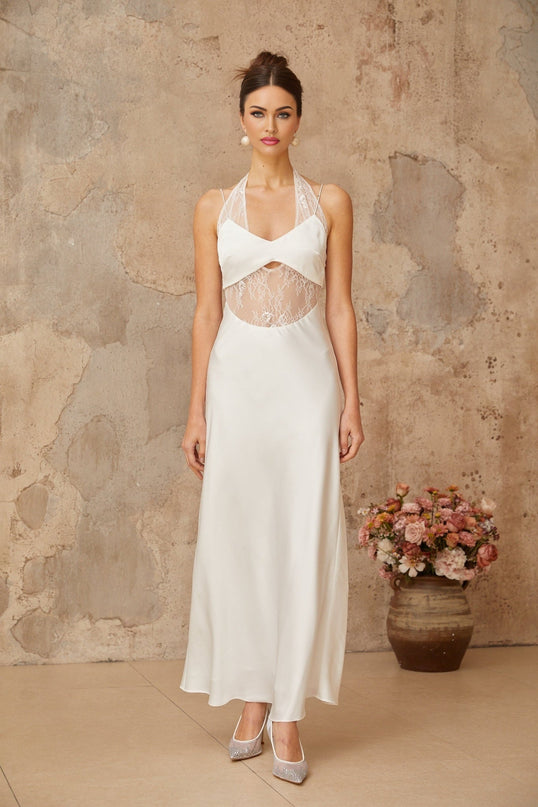 Haley White Satin Lace Maxi Dress with Cut-Out Detailing and Halterneck