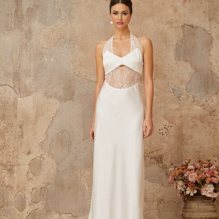 Haley White Satin Floral Lace Maxi Dress with Cut-Out Detailing and Halterneck