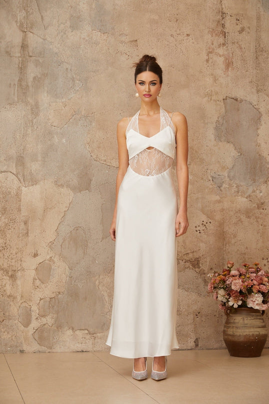Haley White Satin Floral Lace Maxi Dress with Cut-Out Detailing and Halterneck