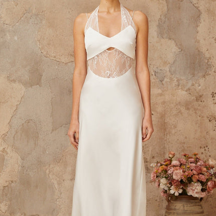 Haley White Satin Lace Maxi Dress with Cut-Out Detailing and Halterneck
