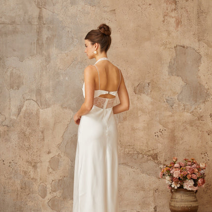 Haley White Satin Lace Maxi Dress Halterneck Spaghetti Straps Cut-Out Detailing Fitted Waistline Sleeveless Evening Gown