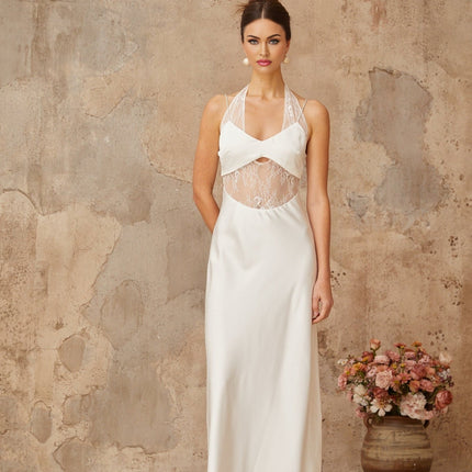 Haley White Satin Lace Maxi Dress with Cut-Out Detailing and Halterneck