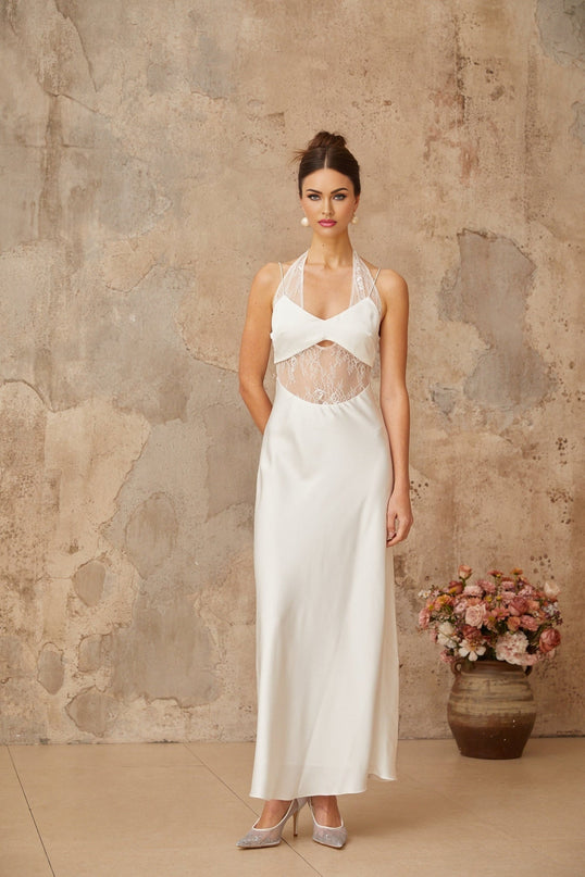 Haley White Satin Lace Maxi Dress with Cut-Out Detailing and Halterneck