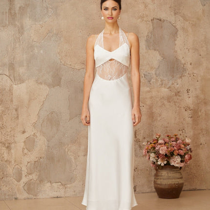 Haley White Satin Lace Maxi Dress with Cut-Out Detailing and Halterneck