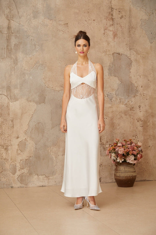 Haley White Satin Lace Maxi Dress with Cut-Out Detailing and Halterneck