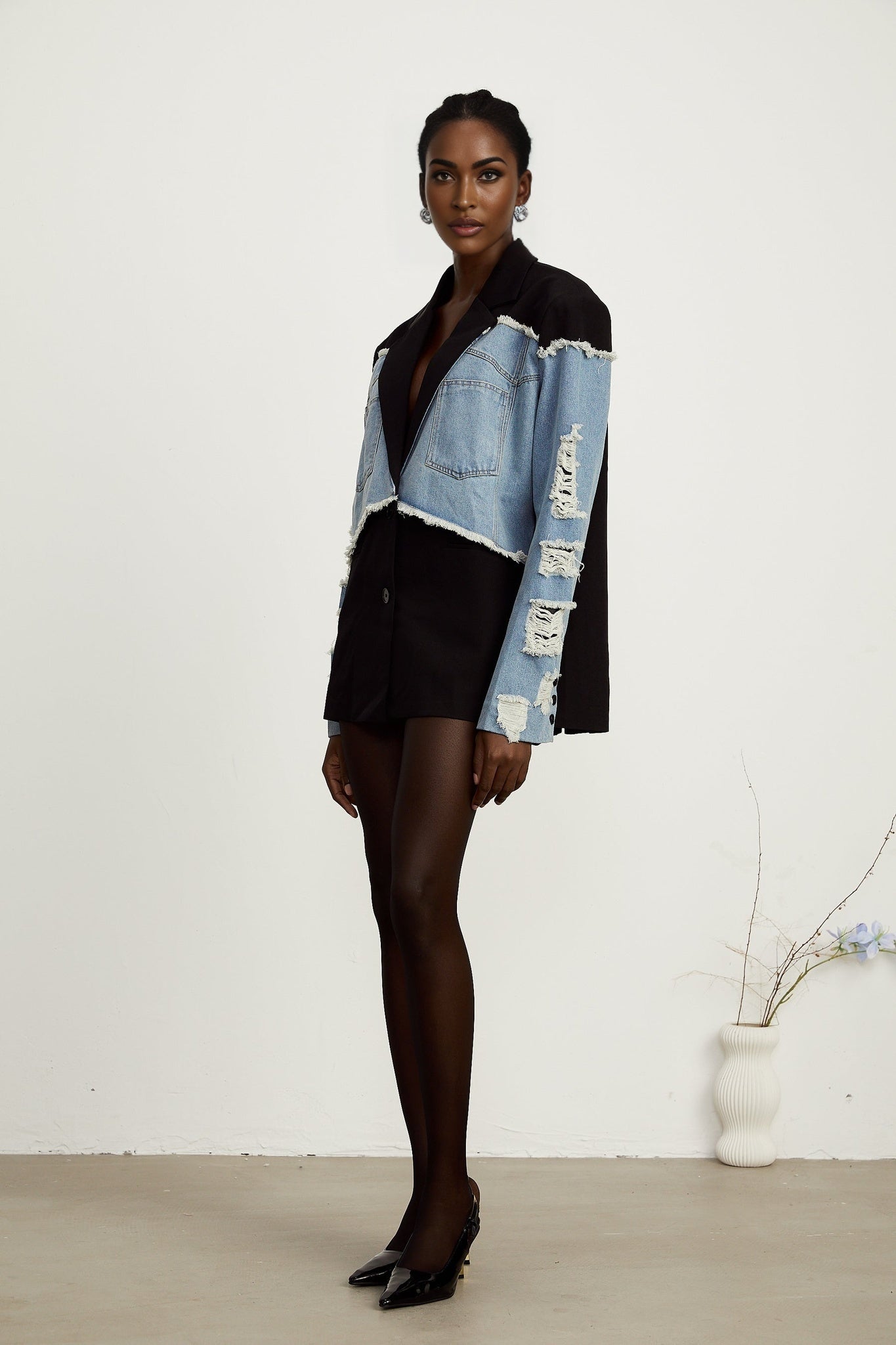Halley black denimpanel ripped blazer
