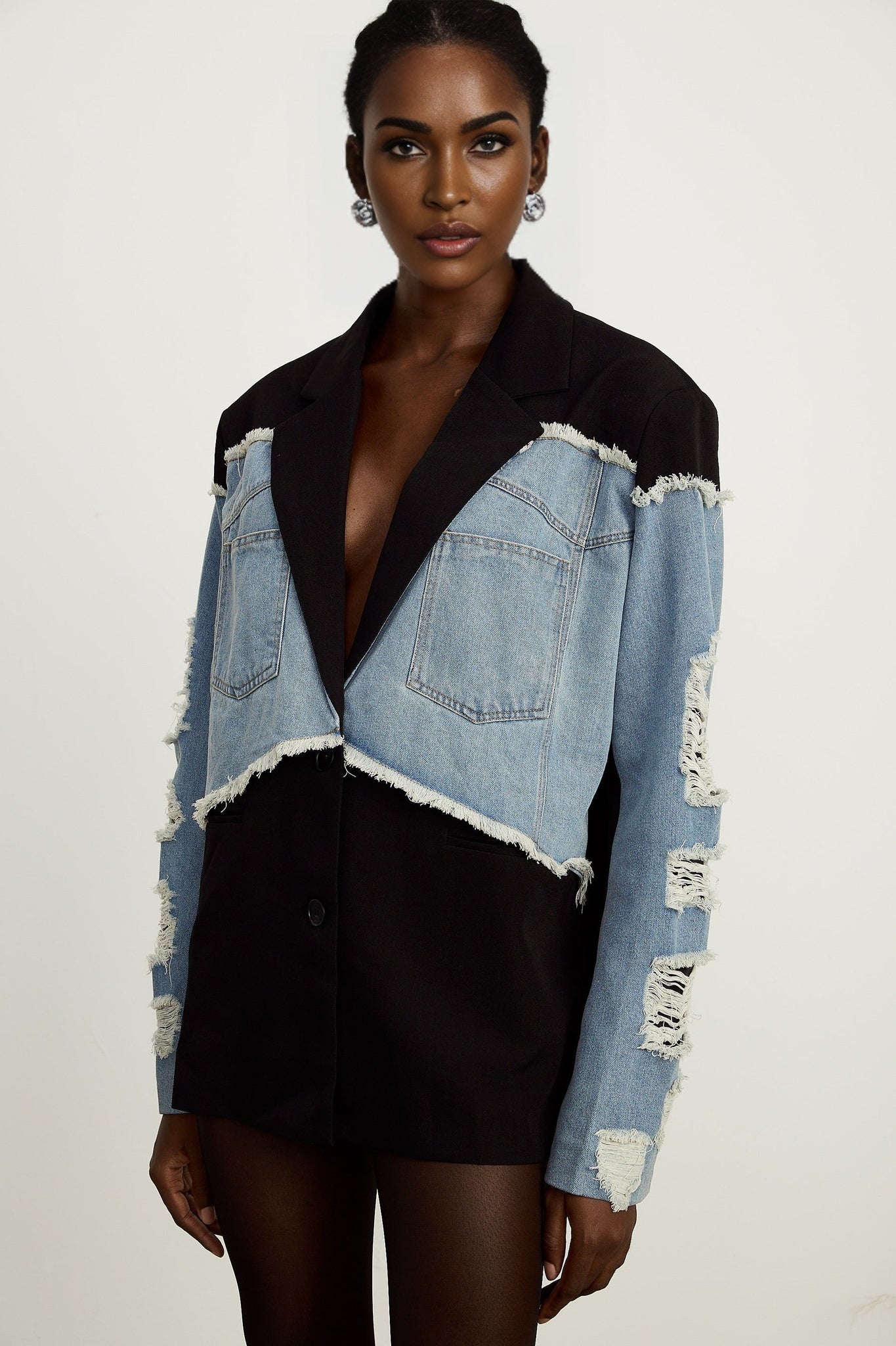 Halley black denimpanel ripped blazer