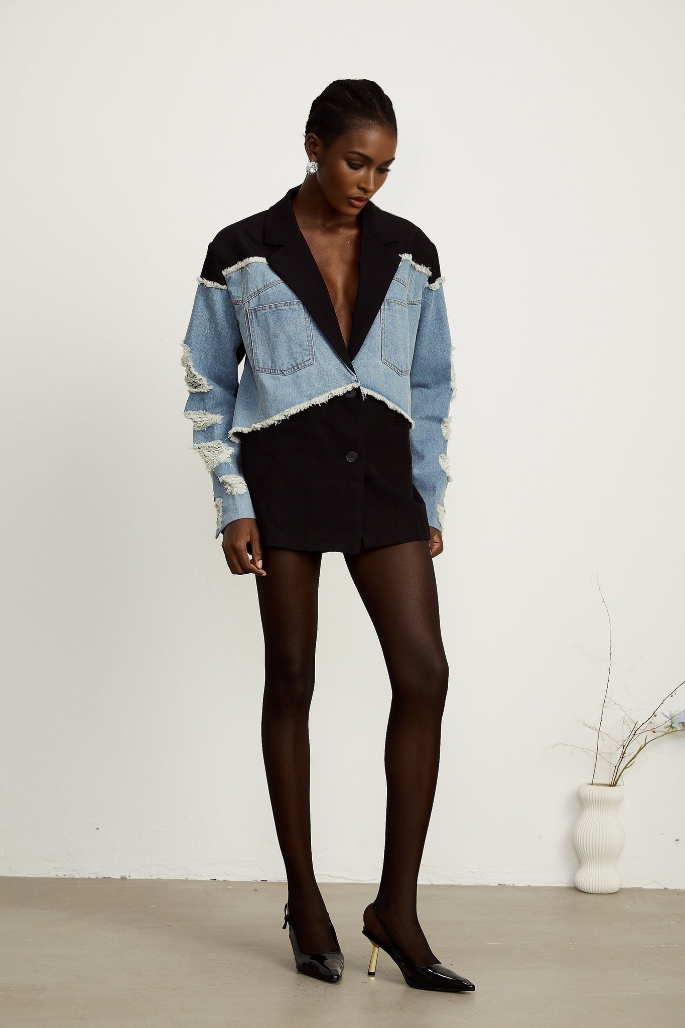 Halley black denimpanel ripped blazer
